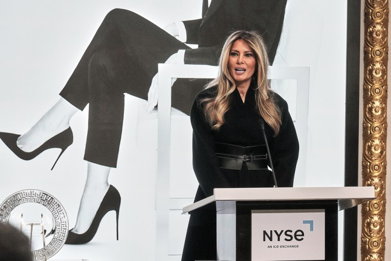 First lady Melania Trump delivers remarks in the New York Stock Exchange board room before ringing the opening bell.