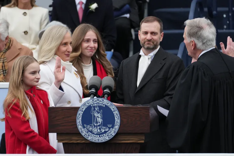 Abigail Spanberger takes the oath for Governor of Virginia during inaugural activities at the Capitol in Richmond, Va., Saturday Jan. 17, 2026.