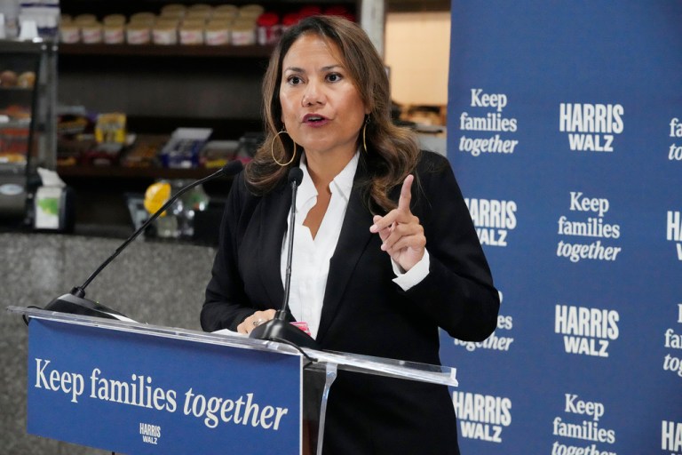 Rep. Veronica Escobar (D-TX) speaks during a Democratic Party campaign event in Florida, October 2024.