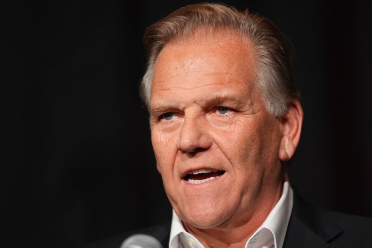 Republican Michigan Senate candidate Mike Rogers speaks during an election night watch party, Nov. 5, 2024, at Suburban Showplace Collection in Novi, Mich.