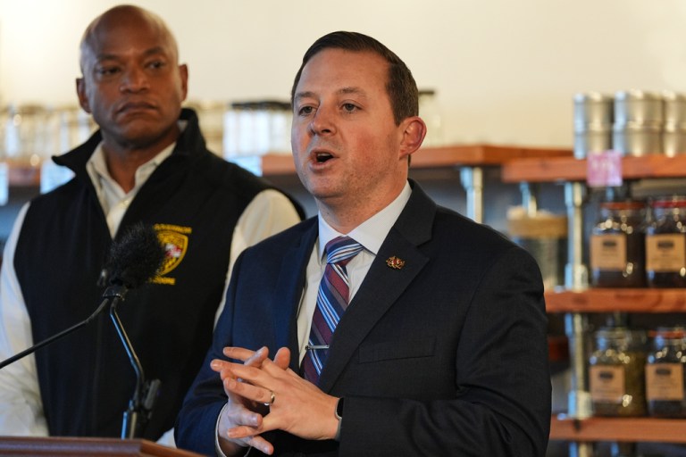 Maryland Senate President Bill Ferguson, right, speaks during a press conference accompanied by Gov. Wes Moore, in Severna Park, Md., Tuesday, Jan. 20, 2026