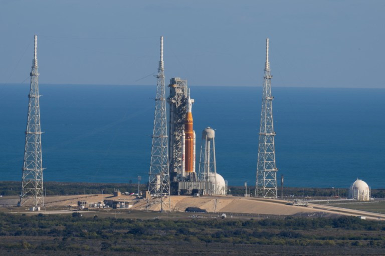 This photo provided by NASA shows the Artemis II SLS (Space Launch System) rocket with the Orion spacecraft atop a mobile launcher at Launch Complex 39B, Thursday, Jan. 29, 2026, at NASA's Kennedy Space Center in Florida. (Jim Ross/NASA via AP)