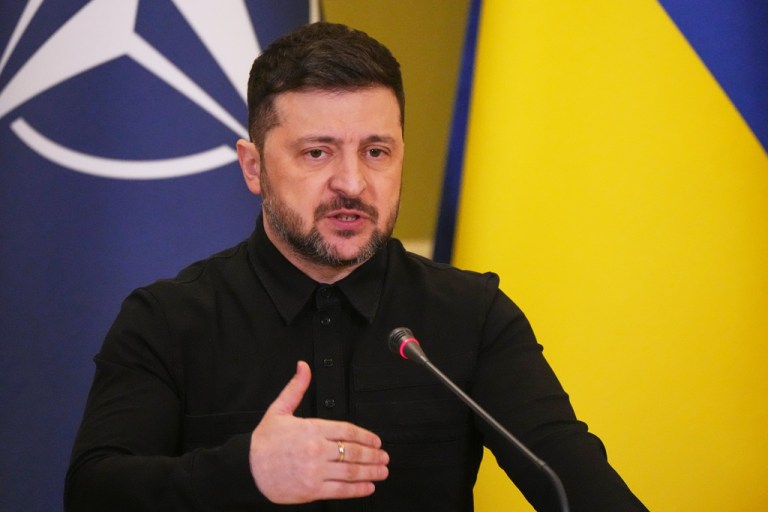 Ukrainian President Volodymyr Zelenskyy speaks during a joint news conference with NATO Secretary General Mark Rutte, in Kyiv, Ukraine, Tuesday, Feb. 3, 2026.
