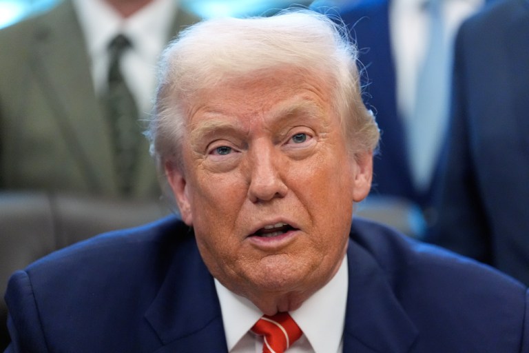 President Donald Trump speaks to reporters