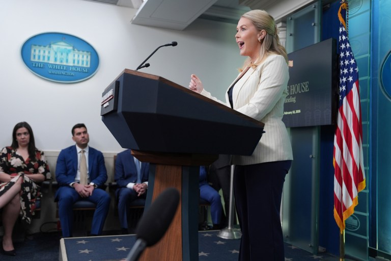 White House press secretary Karoline Leavitt speaks during a briefing at the White House on Tuesday, Feb. 10, 2026.
