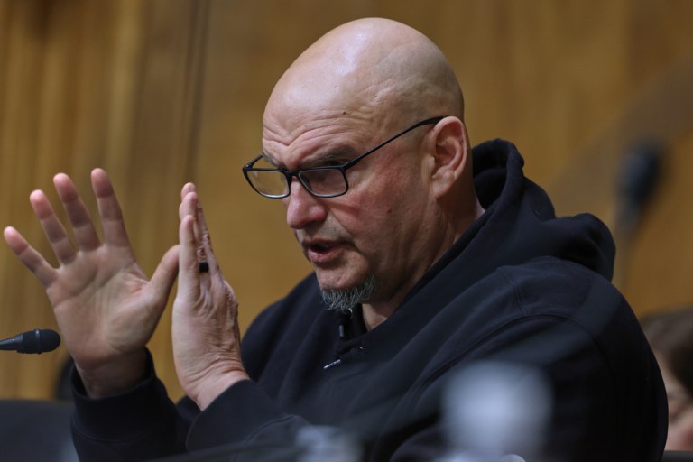 Sen. John Fetterman (D-PA) speaks during a Senate homeland committee hearing on Capitol Hill in Washington.