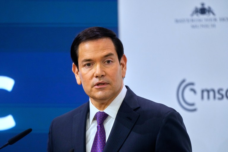 United States Secretary of State Marco Rubio speaks during the Munich Security Conference in Munich, Germany, Saturday, Feb. 14, 2026.