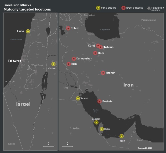 Locations of U.S.-Israel strikes in Iran, as well as Iran's retaliatory attacks.