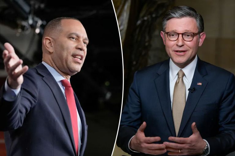A collage of House Minority Leader Hakeem Jeffries (D-NY) and Speaker of the House Mike Johnson (R-LA).