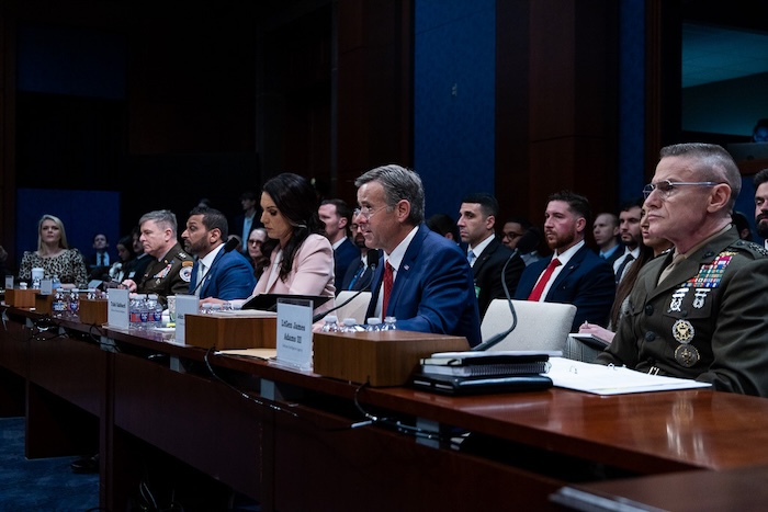 CIA Director John Ratcliffe, Director of National Intelligence Tulsi Gabbard, and FBI Director Kash Patel testify in front of the House Intelligence Committee on March 19, 2026.