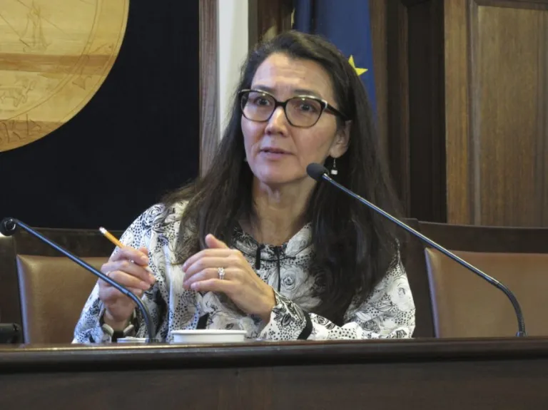 Alaska U.S. Rep. Mary Peltola, a Democrat, speaks to reporters after giving an address to state lawmakers, Feb. 17, 2023, in Juneau, Alaska