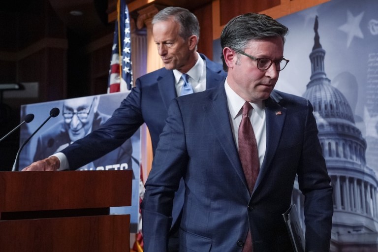 Senate Majority Leader John Thune, R-S.D., left, and Speaker of the House Mike Johnson, R-La., depart a news conference as the government shutdown begins its tenth day, in Washington, Friday, Oct. 10, 2025. (AP Photo/J. Scott Applewhite)