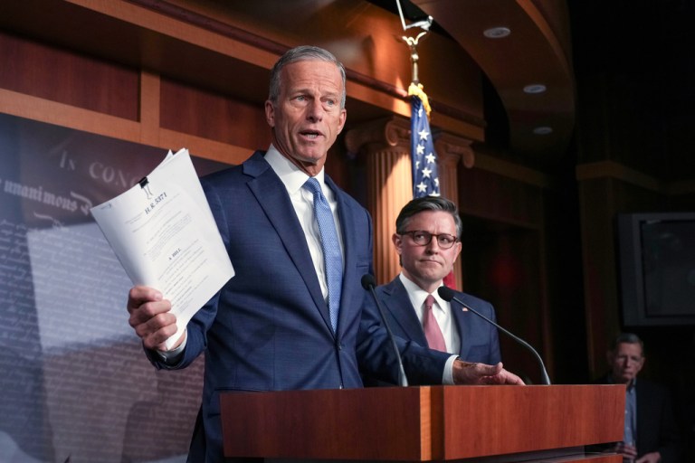 Senate Majority Leader John Thune, R-S.D., left, and Speaker of the House Mike Johnson, R-La.