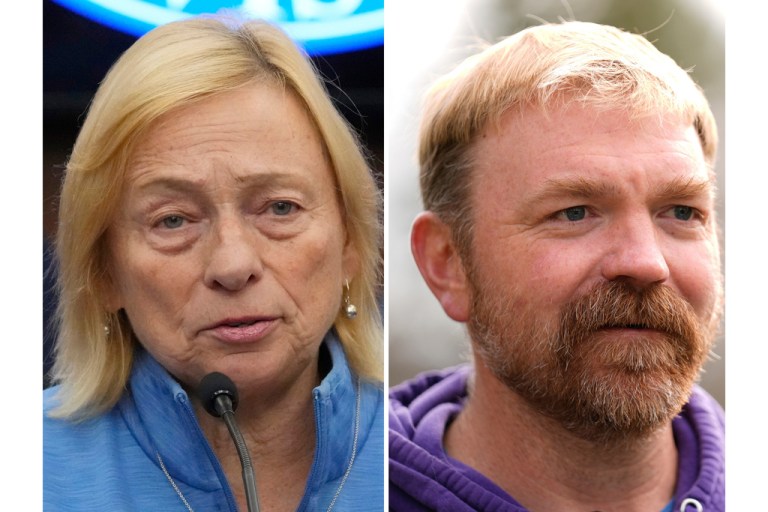 This collage shows Gov. Janet Mills in Lewiston, Maine, Oct. 27, 2023 and Graham Platner, Democratic candidate for U.S. Senate, Nov. 3, 2025, in Sullivan, Maine
