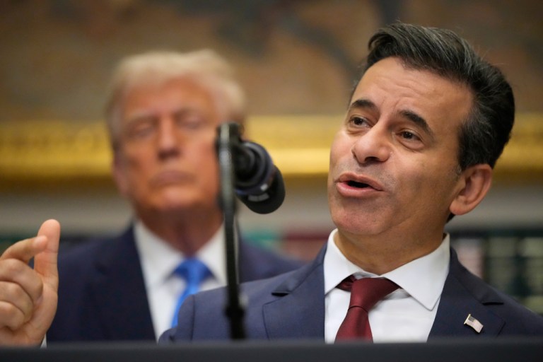 President Donald Trump listens as Dr. Marty Makary, commissioner of the Food and Drug Administration, speaks.