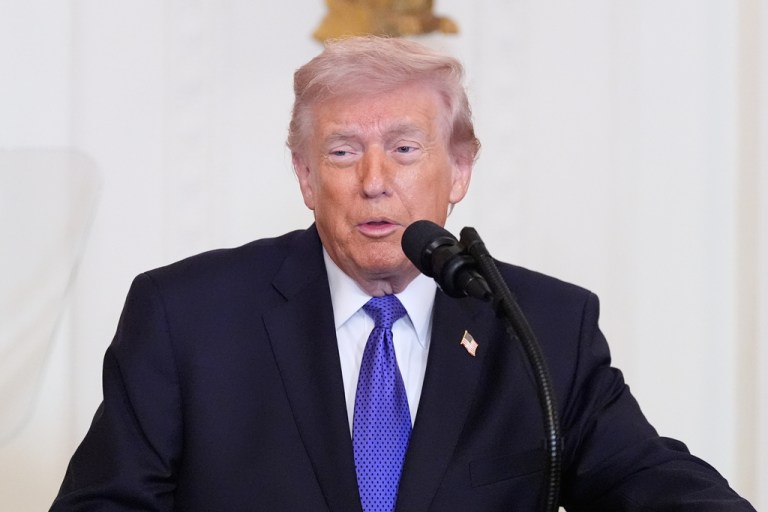 President Donald Trump speaks about Iran before a Medal of Honor ceremony.