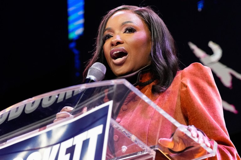 Rep. Jasmine Crockett, D-Texas, a Democratic candidate for U.S. Senate, speaks during a primary election watch party Tuesday, March 3, 2026, in Dallas.
