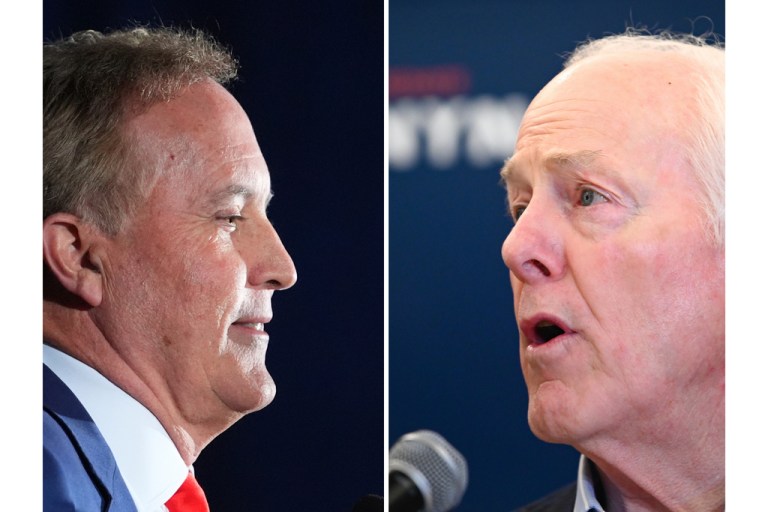 This photo collage shows Texas Attorney General Ken Paxton, left, in Dallas and Sen. John Cornyn, R-Texas, in Austin, Texas, both on March 3, 2026. (AP Photo/Julio Cortez, Jack Myer)