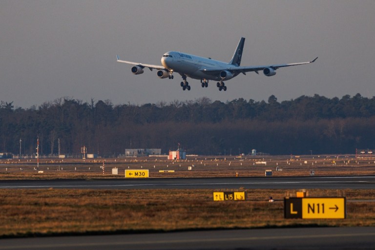 A German plane takes off from an airport in Oman