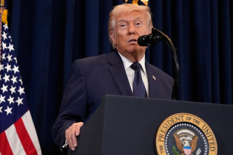 President Donald Trump speaks at a news conference.