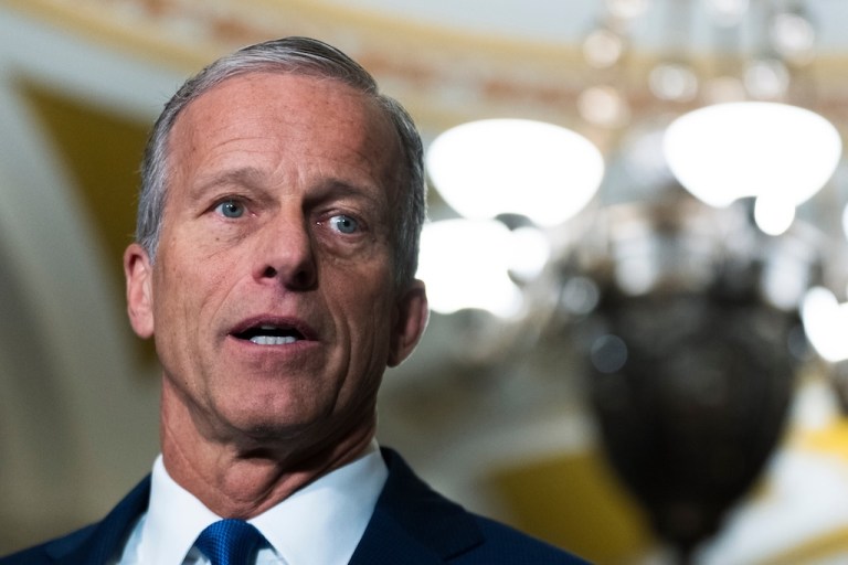 Senate Majority Leader John Thune, R-S.D., speaks to members of the media on Capitol Hill in Washington, Tuesday, March 17, 2026. (AP Photo/Manuel Balce Ceneta)