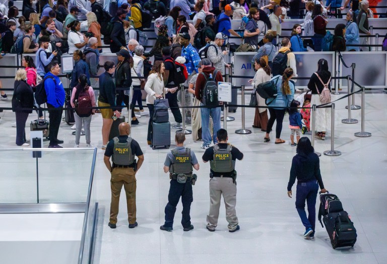 U.S. Immigration and Customs Enforcement (ICE) agents and officers patrol Louis Armstrong International Airport in Kenner, La., Monday, March 23, 2026.