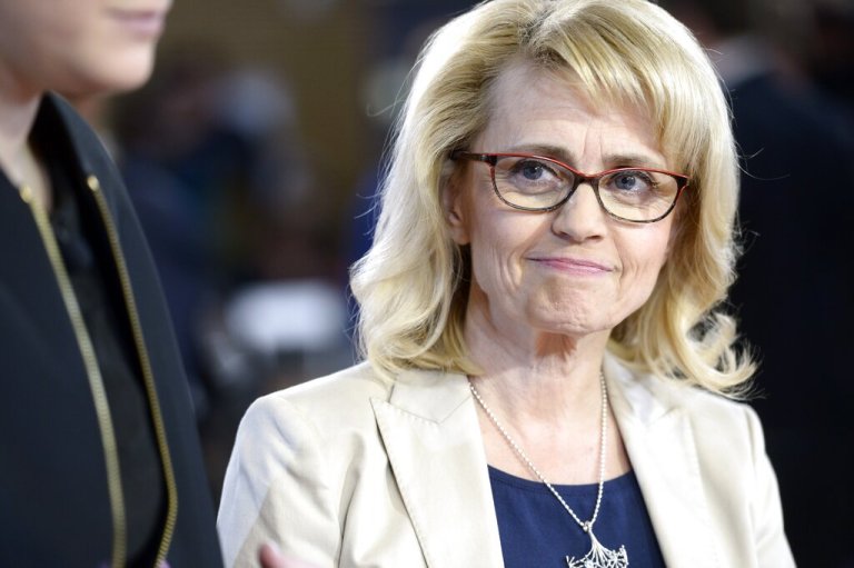 Chairwoman Päivi Räsänen of the Christian Democrats attends the parliamentary elections media reception at the parliament in Helsinki.