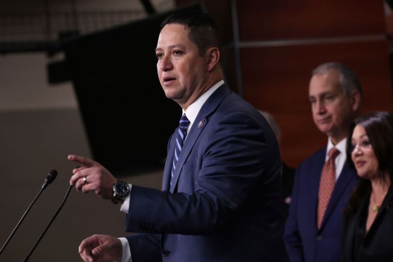Flanked by members of the Congressional Hispanic Conference (CHC), co-chair Rep. Tony Gonzales (R-TX) speaks during a news conference at the U.S. Capitol on February 1, 2023 in Washington, DC. The CHC held a news conference to introduce its members and their agenda for the 118th Congress. (Photo by Alex Wong/Getty Images)
