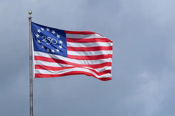 A detailed view of the special commemorative 250th anniversary American Flag flying during the spring training baseball game between the New York Yankees and the Detroit Tigers at Publix Field at Joker Marchant Stadium on March 12, 2026 in Lakeland, Florida. The Yankees defeated the Tigers 4-3.