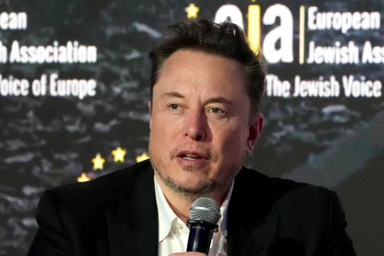 Elon Musk addresses the European Jewish Association's conference, in Krakow, Poland.