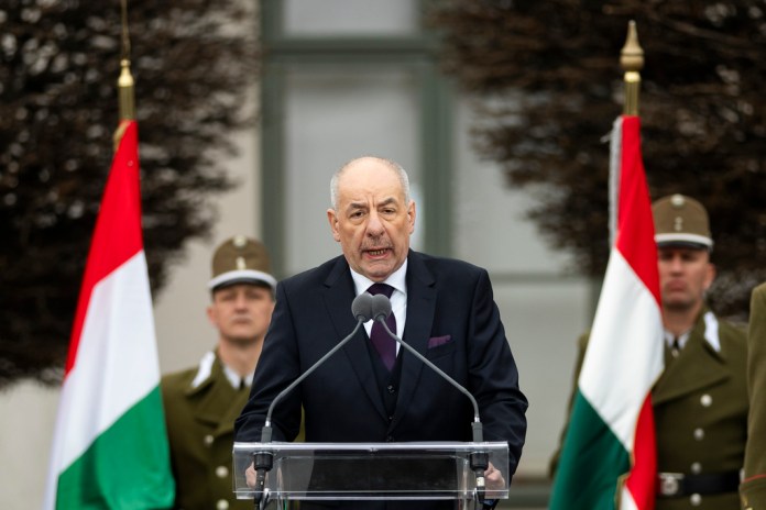 Sulyok speaks at podium