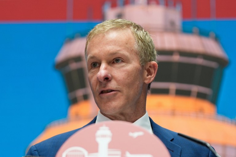 United Airlines CEO Scott Kirby speaks about a new air traffic control infrastructure plan, Thursday, May 8, 2025, in Washington. (AP Photo/Julia Demaree Nikhinson)