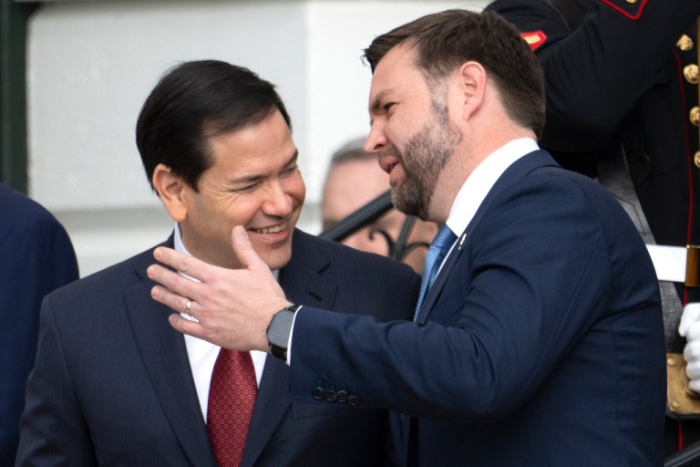 Secretary of State Marco Rubio, left, talks with Vice President JD Vance