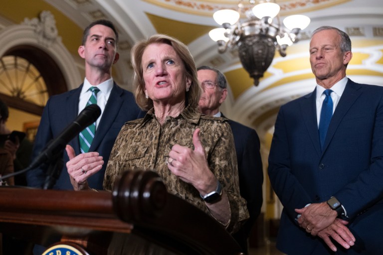 Sen. Shelley Moore Capito (R-WV) with Sens. Tom Cotton (R-AR), John Barasso (R-WY), and Senate Majority Leader John Thune (R-SD).
