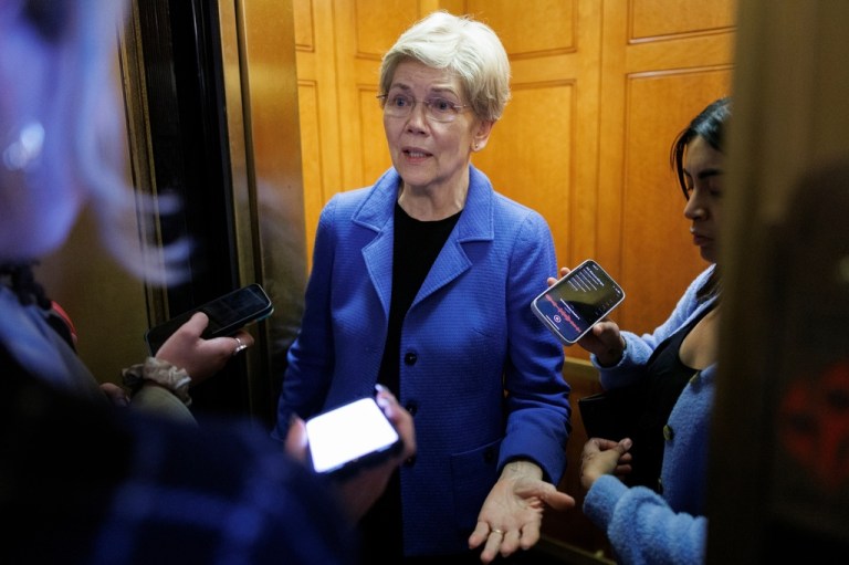Sen. Elizabeth Warren (D-MA) speaks to reporters outside the Senate Chamber, following a vote on Capitol Hill in Washington, Saturday, March 21, 2026.