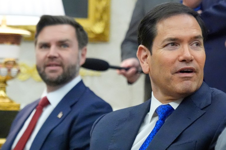 Vice President JD Vance, left, and Secretary of State Marco Rubio attend a meeting in the Oval Office at the White House, March 3, 2026, in Washington.
