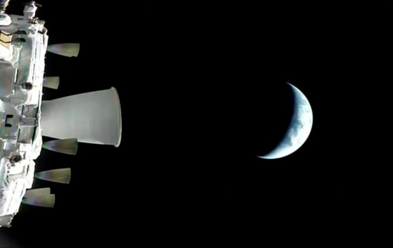 A view of the Earth from NASA's Orion spacecraft as it orbits above the planet during the Artemis II test flight