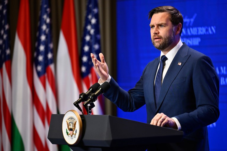 Vice President JD Vance speaks during a press conference with Hungarian Prime Minister Viktor Orban as they meet in Budapest, Hungary, Tuesday, April 7, 2026.