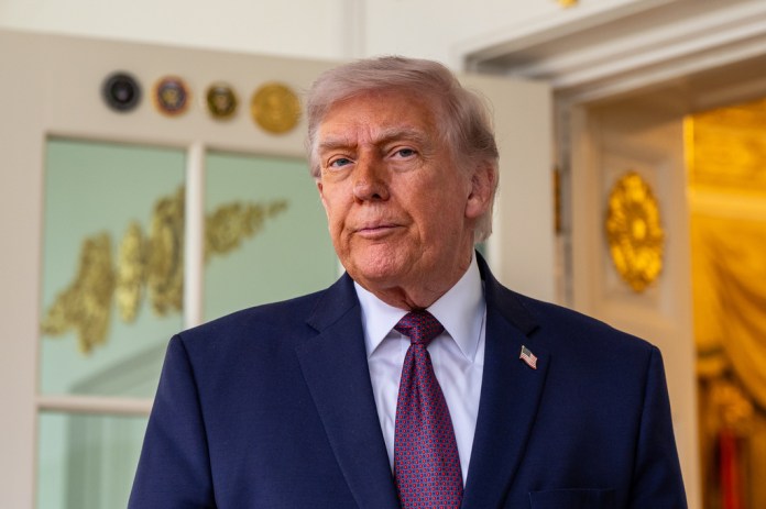 President Donald Trump speaks with reporters outside the Oval Office of the White House, Monday, April 13, 2026, in Washington. 