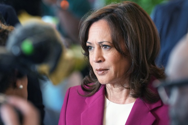 Former Vice President Kamala Harris listens during a conversation with patrons