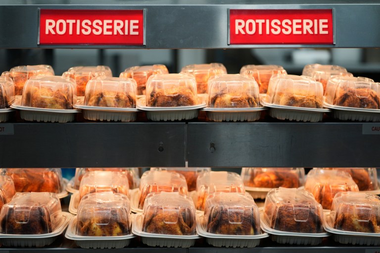 Rotisserie chickens on display.