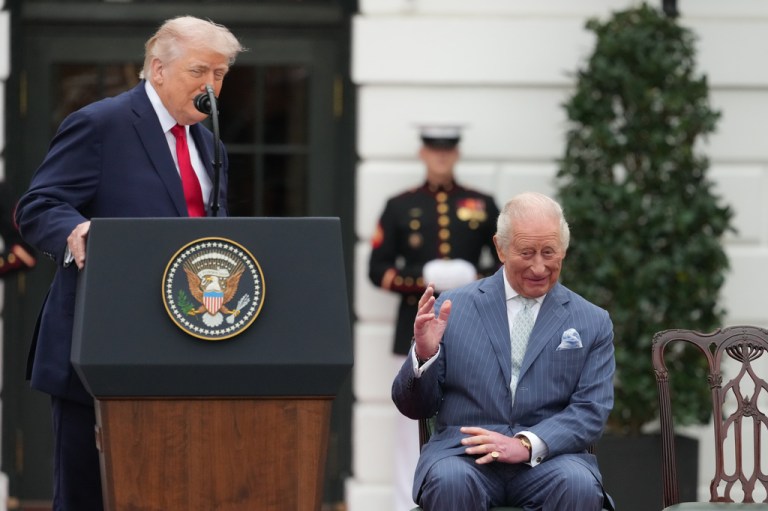 Britain's King Charles III listens as President Donald Trump speaks during a State Visit arrival ceremony on the South Lawn of the White House, Tuesday, April 28, 2026, in Washington.