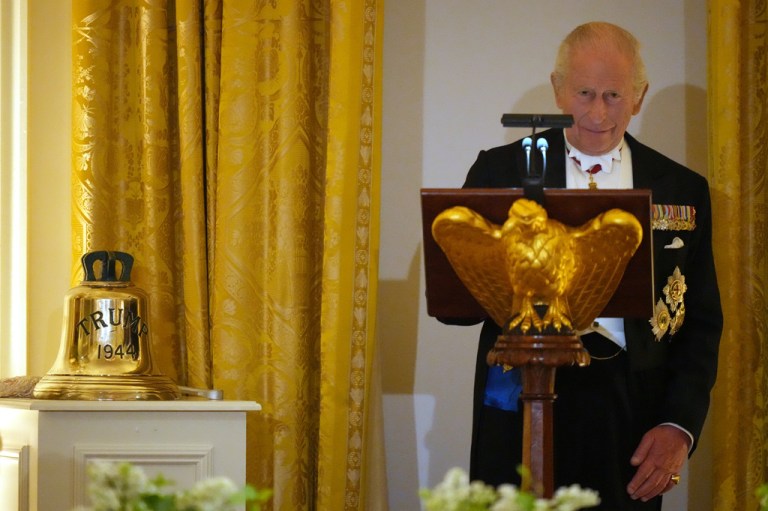 Britain's King Charles III speaks during a State Dinner with President Donald Trump, first lady Melania Trump and Queen Camilla in the East Room of the White House State Dinner Tuesday, April 28, 2026, in Washington. (AP Photo/Alex Brandon)