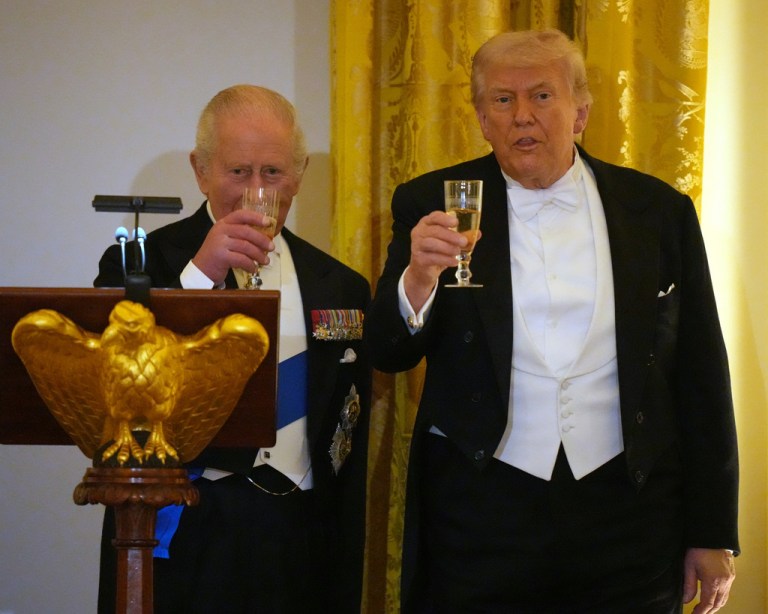 Britain's King Charles III toasts with President Donald Trump during a State Dinner with first lady Melania Trump and Queen Camilla in the East Room of the White House State Dinner Tuesday, April 28, 2026, in Washington.