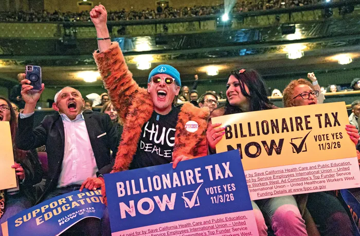 Supporters gather at a “Billionaire Tax Now” rally in Los Angeles, Feb. 18. (Jason Armond/Los Angeles Times via Getty Images)