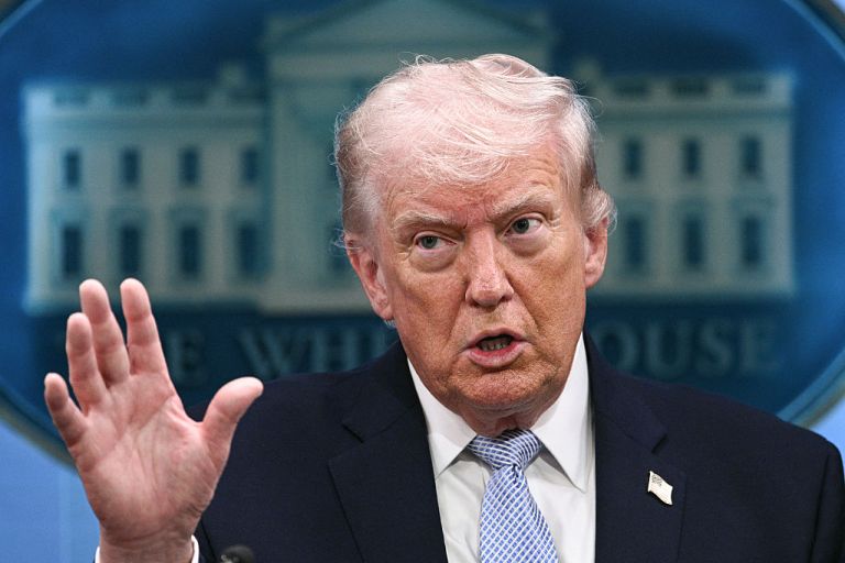 President Donald Trump speaks about the war in Iran in the James S. Brady Press Briefing Room of the White House on April 6, 2026, in Washington, D.C. (Photo by Brendan SMIALOWSKI / AFP via Getty Images)