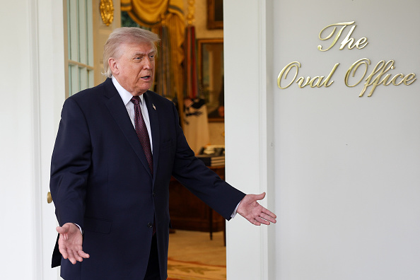 President Donald Trump speaks to the press during an event outside the Oval Office of the White House on April 13, 2026.