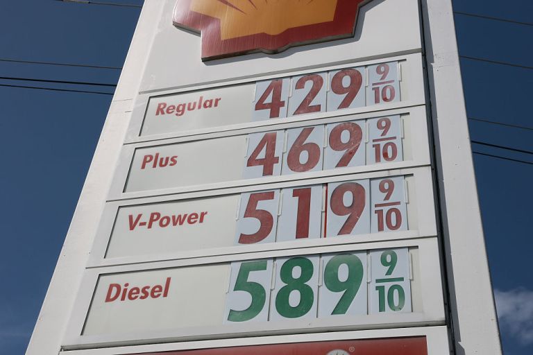 Fuel prices are displayed on a sign at a gas station on April 13, 2026 in Miami, Florida. As the United States military blockades the Strait of Hormuz fuel prices rose above $100 dollars a barrel. (Photo by Joe Raedle/Getty Images)