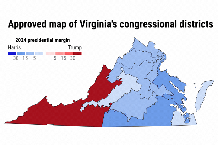Gif of the former congressional map used in Virginia and the newly passed congressional map.