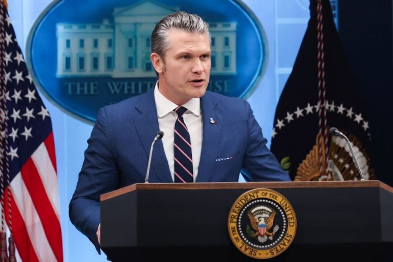 War Secretary Pete Hegseth speaks to reporters at a press conference at the White House on April 6.